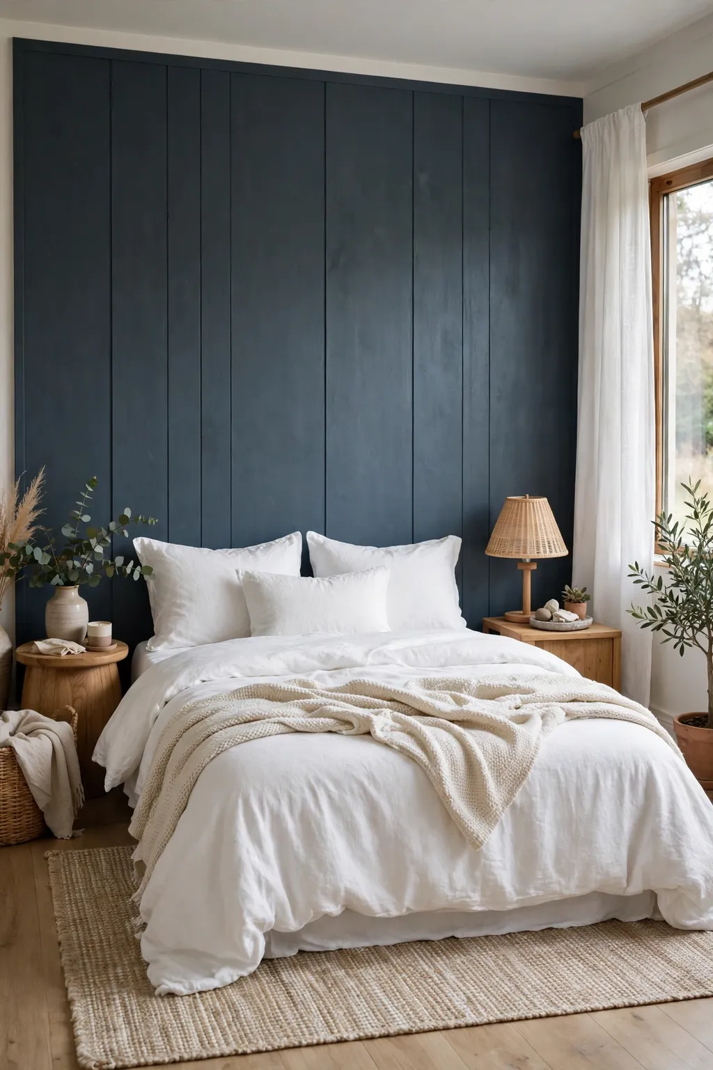 Bedroom with a slate blue-charcoal accent wall behind a bed with white bedding and soft daylight
