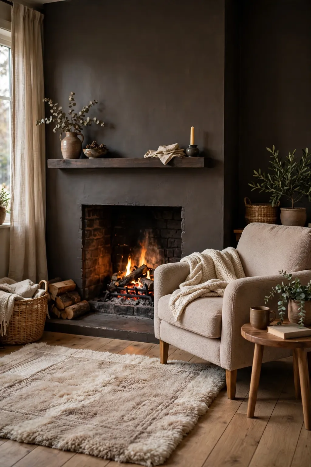 Living room with a warm charcoal painted fireplace wall, a glowing fire and a cozy armchair
