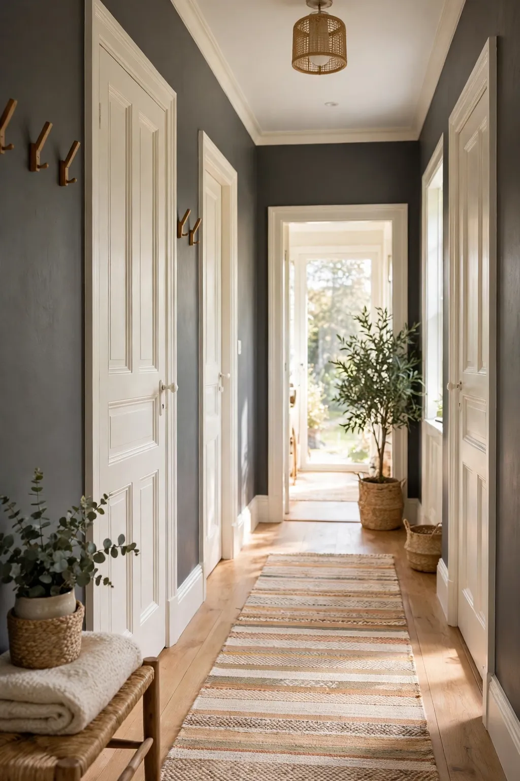 Hallway with charcoal grey walls, warm white trim and doors, and a runner rug