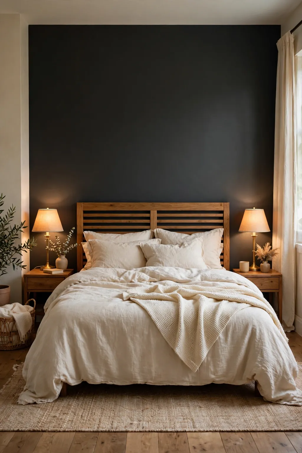 Bedroom with a deep charcoal accent wall behind a wooden headboard and cream linen bedding