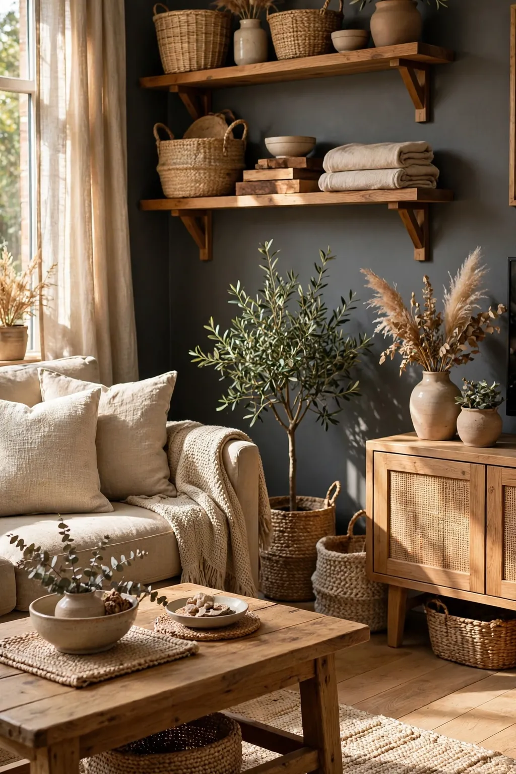 Living room with a charcoal grey accent wall, natural wood furniture and woven textures