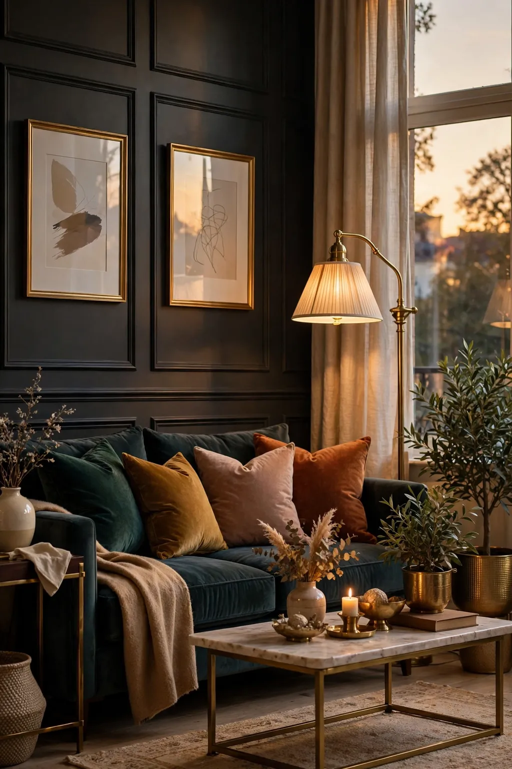 Elegant living room with a dark charcoal wall, brass floor lamp and gold-framed art