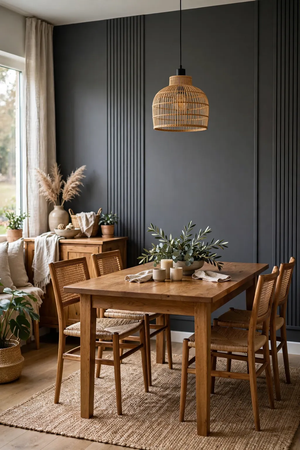 Dining room with a charcoal grey accent wall, a wooden dining table and a warm pendant light