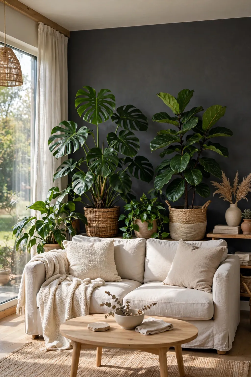 Living room with a charcoal grey accent wall and large leafy green houseplants