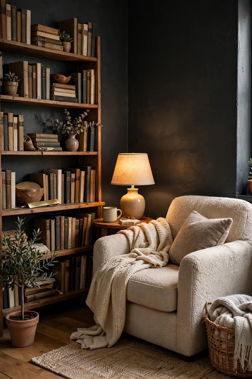 Small cozy reading nook with charcoal painted walls, an armchair, bookshelf and warm lamp