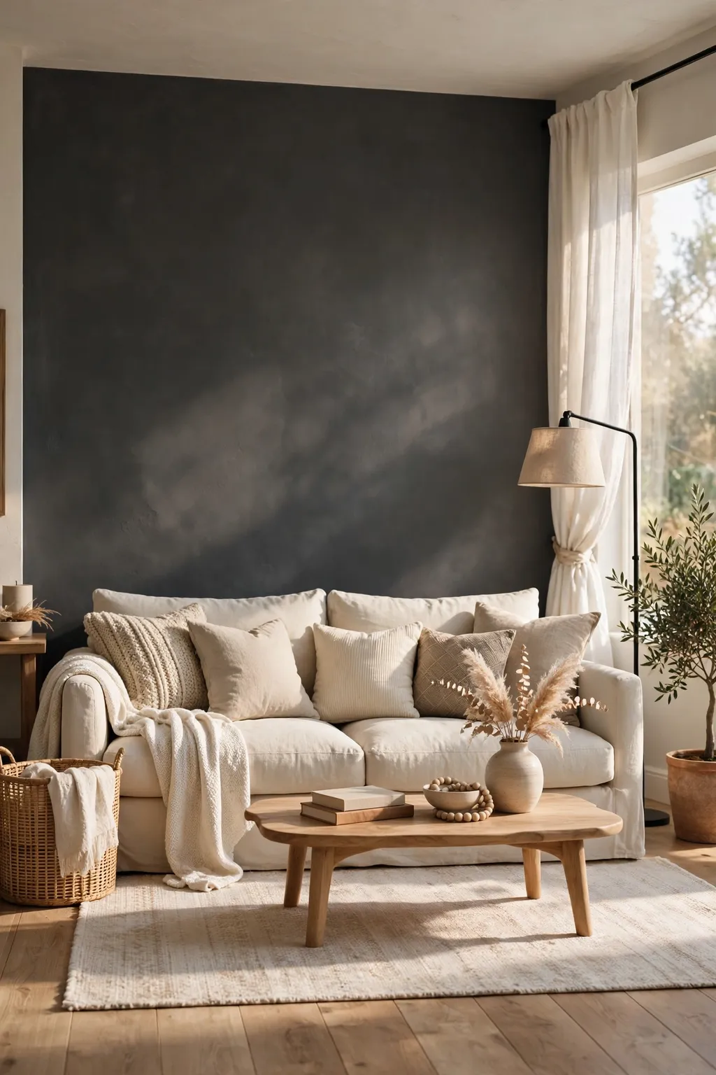 Living room with a charcoal grey accent wall behind a soft cream sofa and layered neutral cushions