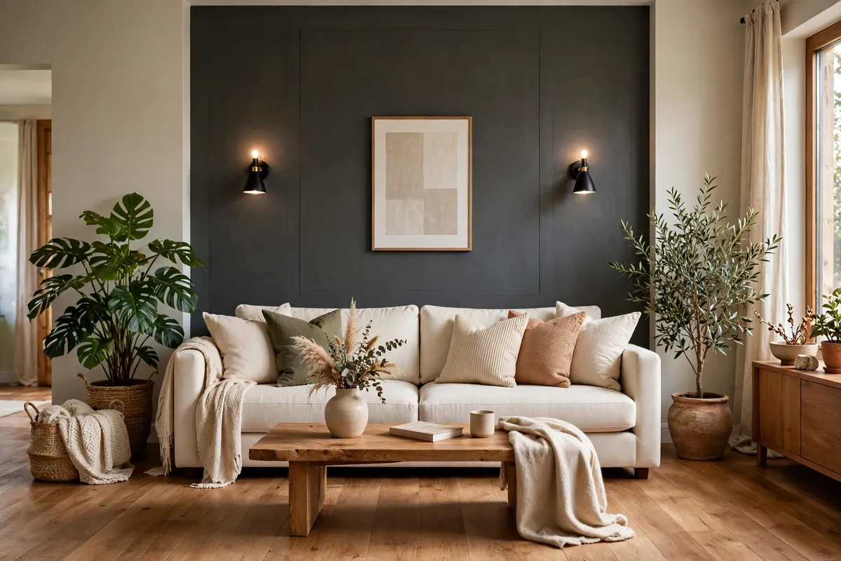 Cozy living room with a charcoal grey accent wall centered behind a cream sofa, warm wood floors and plants
