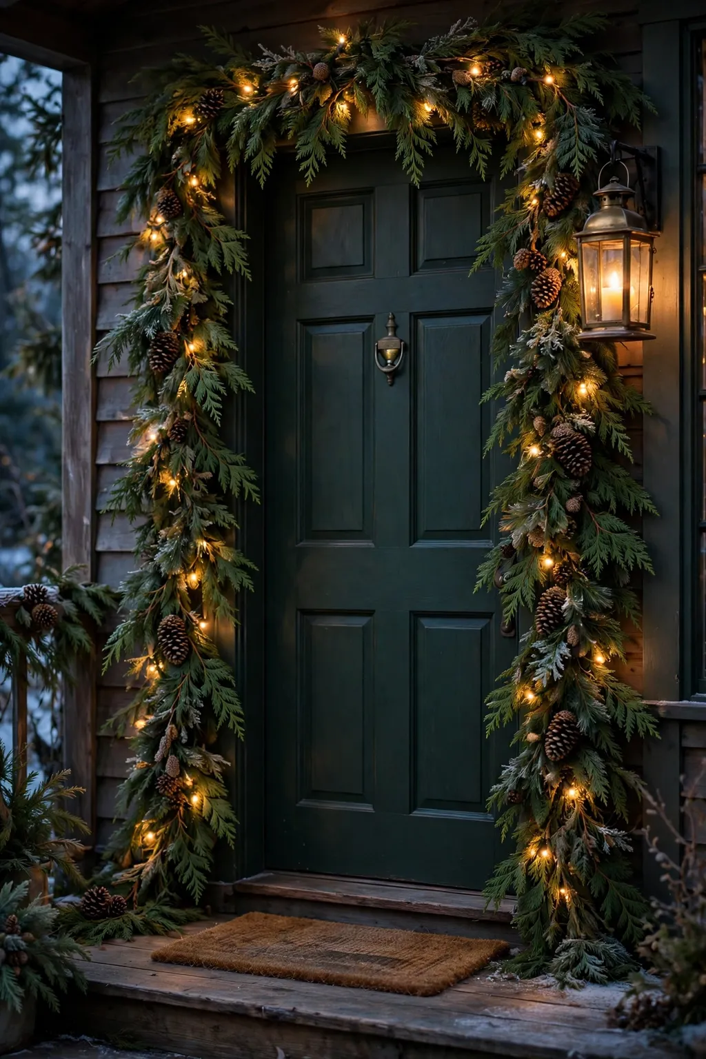 Cedar garland with fairy lights and pinecones draped around a dark green front door on a cozy Christmas porch