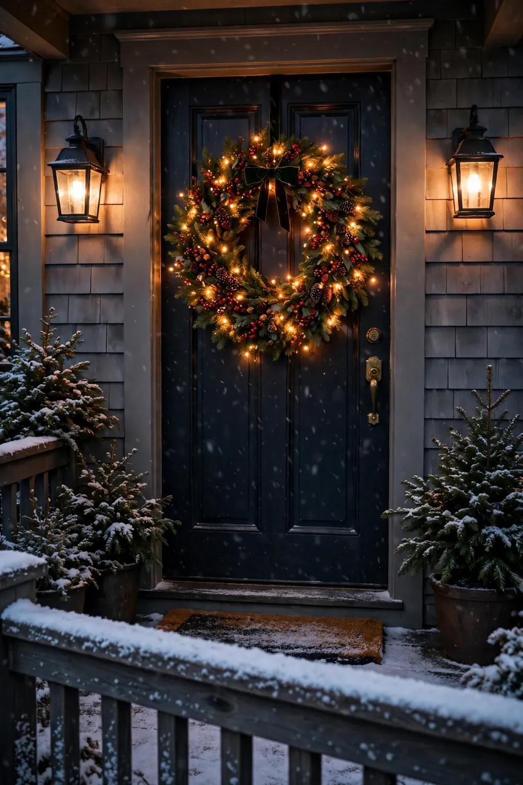 Evergreen Christmas wreath with warm fairy lights and red berries hanging on a front door
