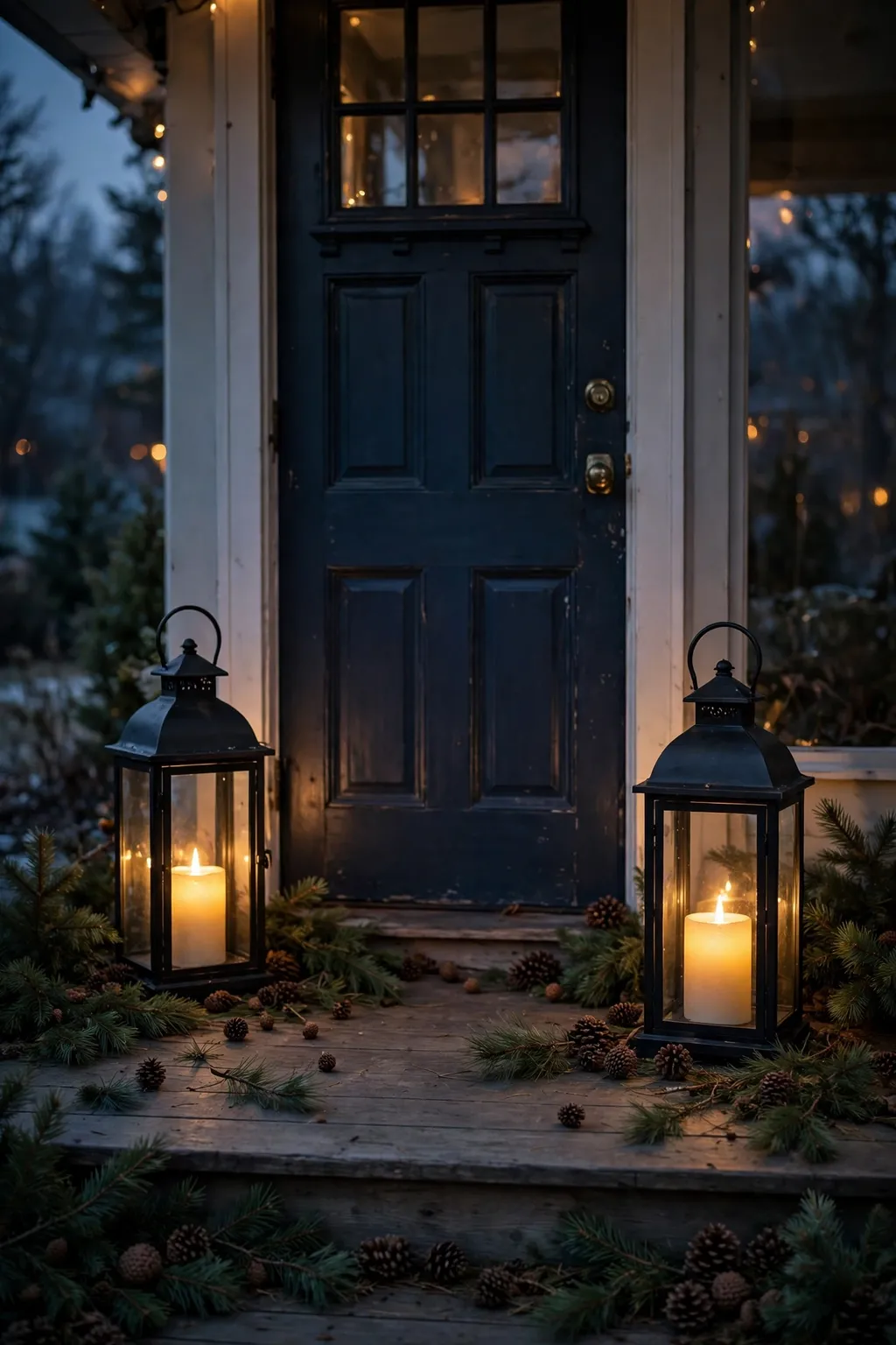 Two black lanterns with glowing candles flanking a front door on a Christmas porch