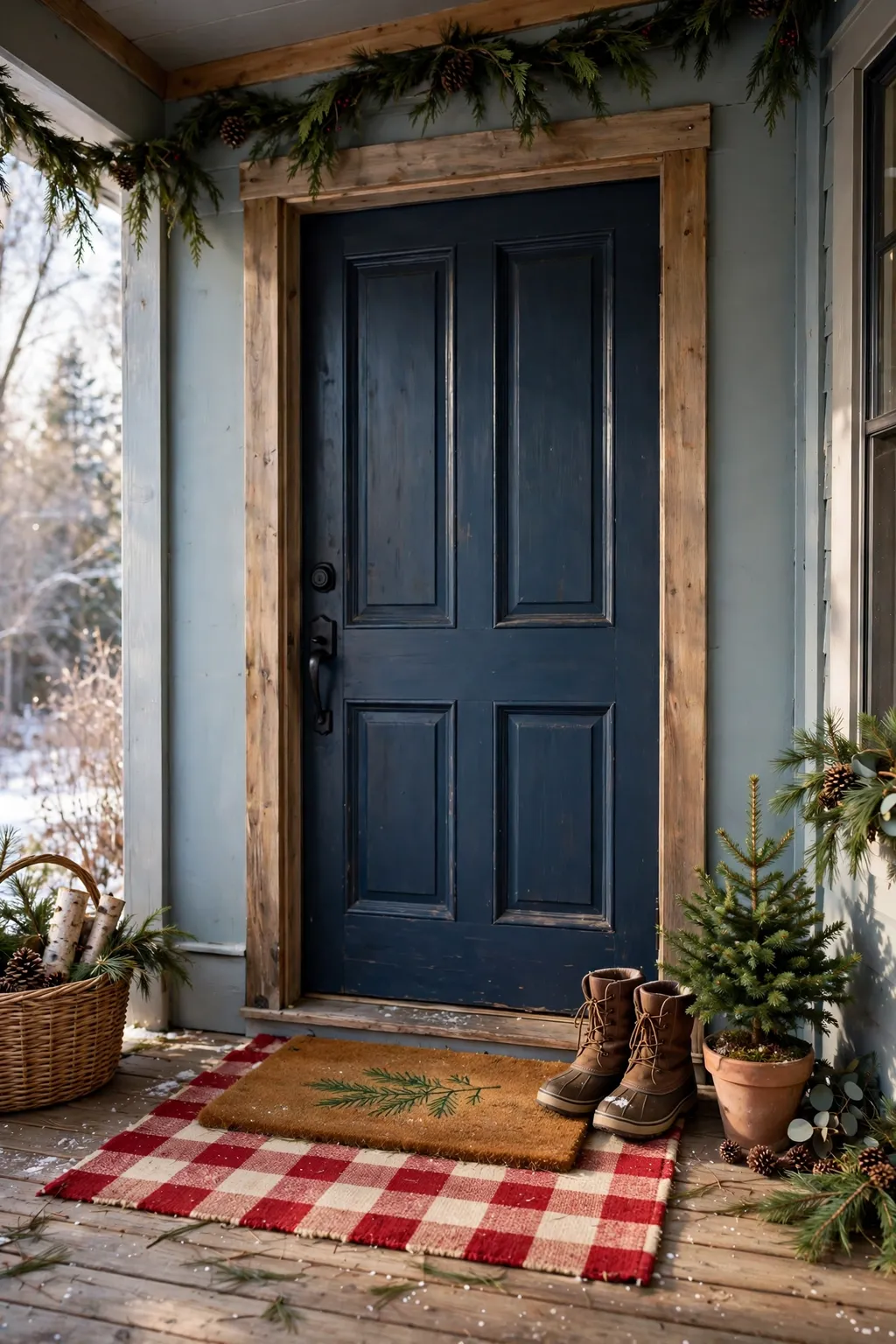 Layered Christmas doormat with a buffalo-check rug under a coir doormat on a front porch