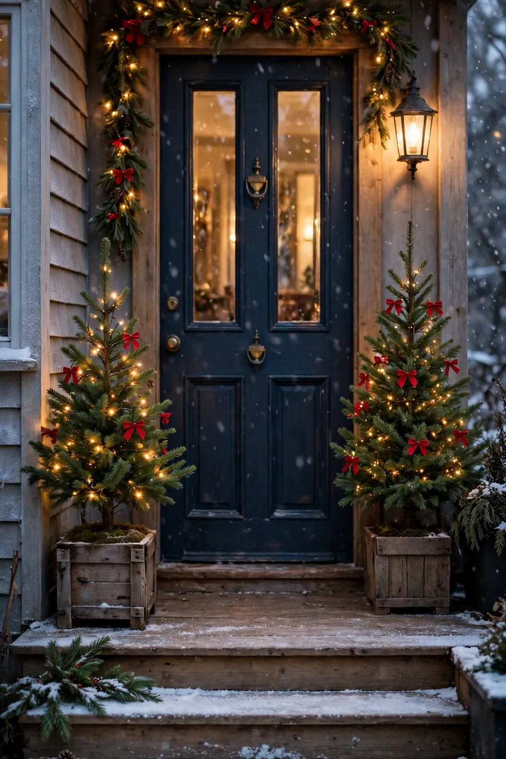 Mini Christmas trees in wooden planters with tiny lights flanking a front door