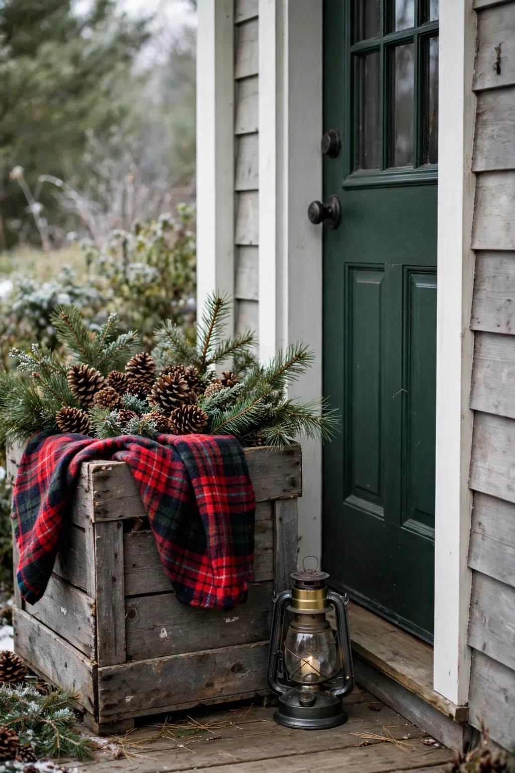 Wooden crate filled with pinecones, evergreen sprigs and a plaid blanket beside a front door