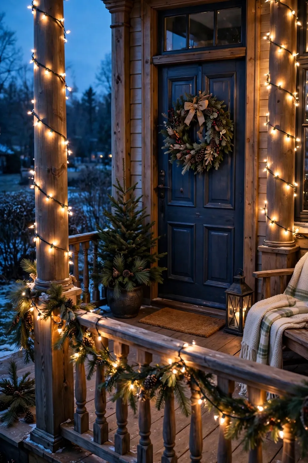 Warm white string lights wrapped along a wooden porch railing at Christmas dusk