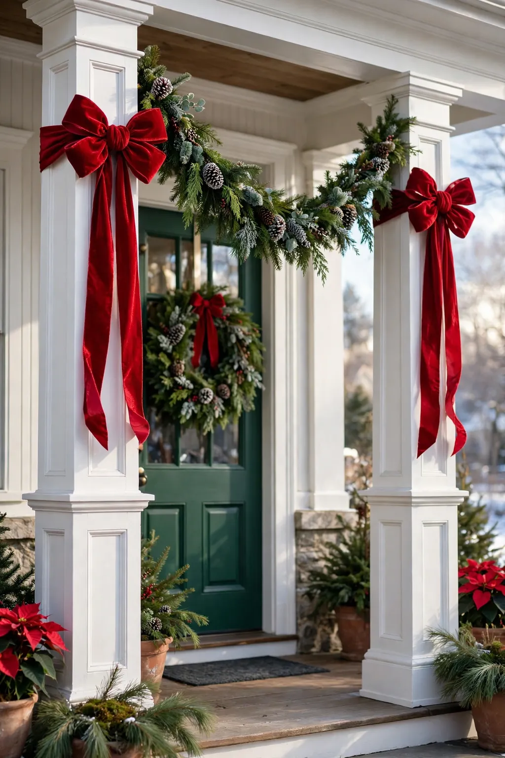 Large red velvet bows tied on white porch columns with evergreen garland swags