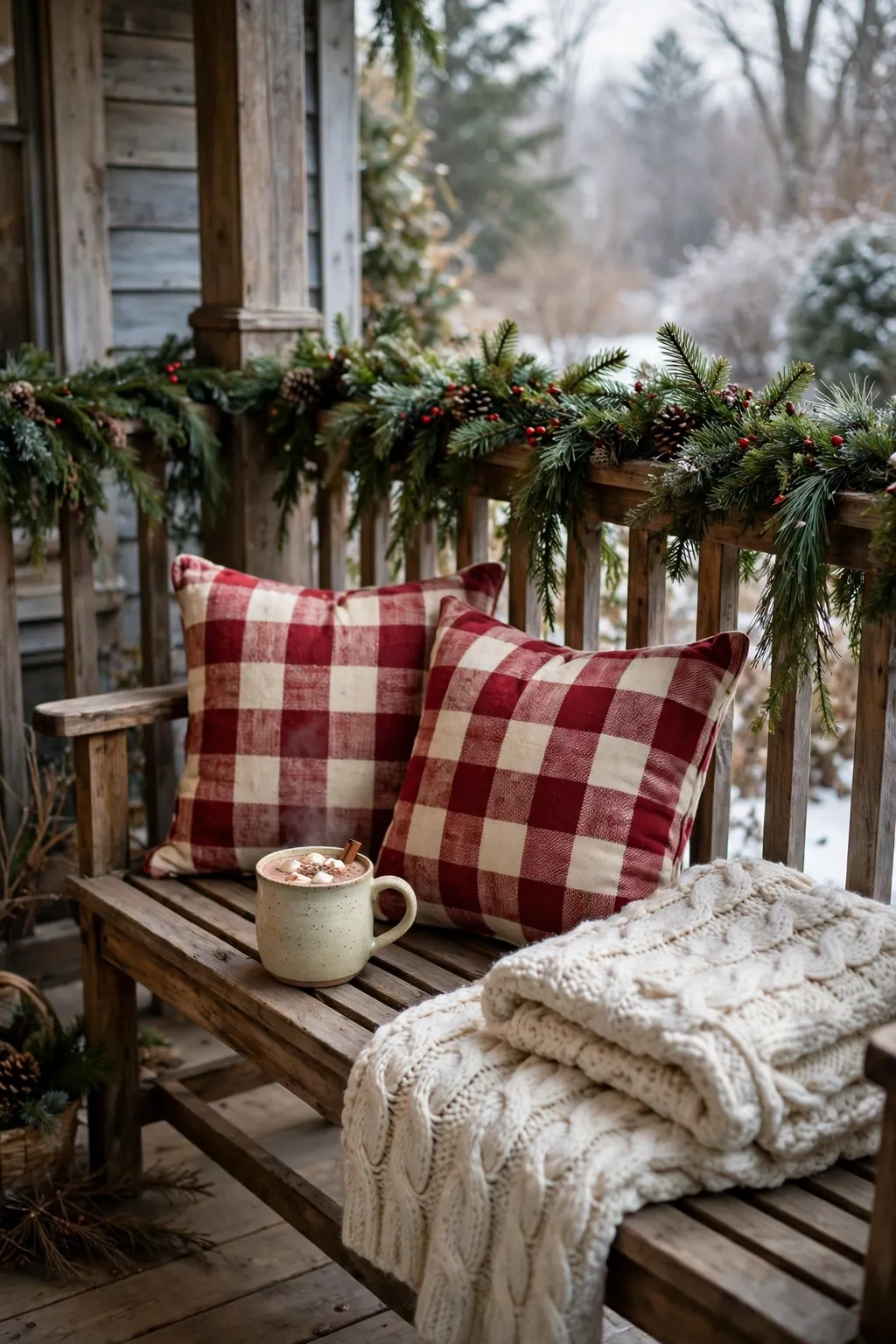 Wooden porch bench with red plaid cushions and a chunky knit blanket at Christmas