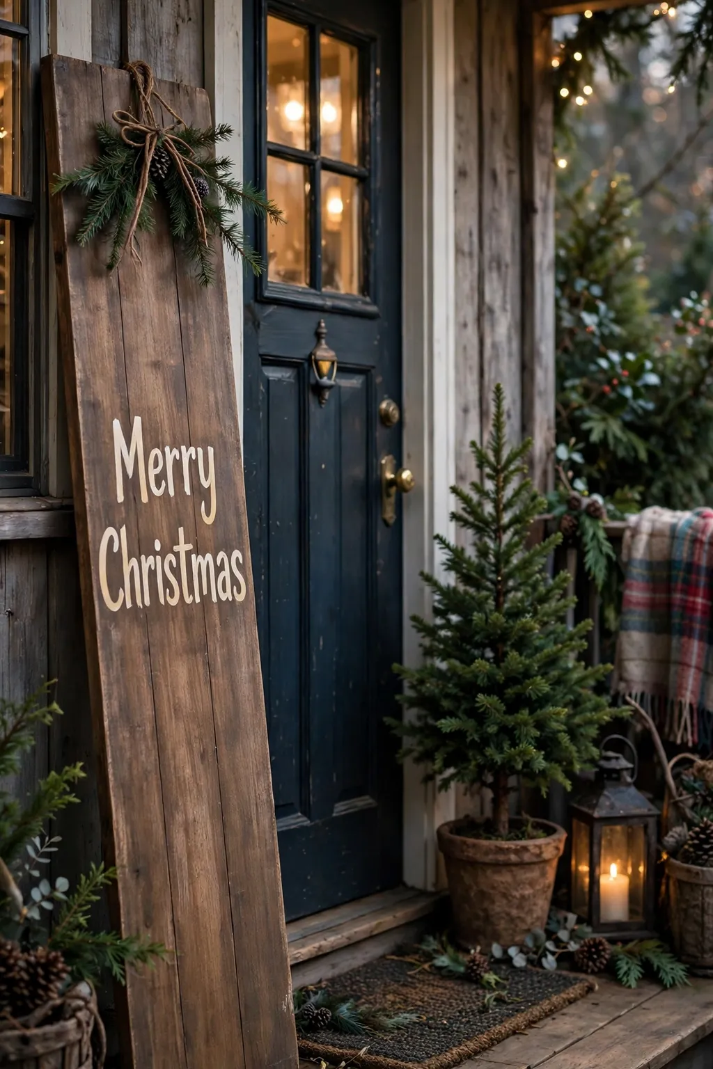 Rustic wooden Merry Christmas sign leaning beside a front door with a mini Christmas tree