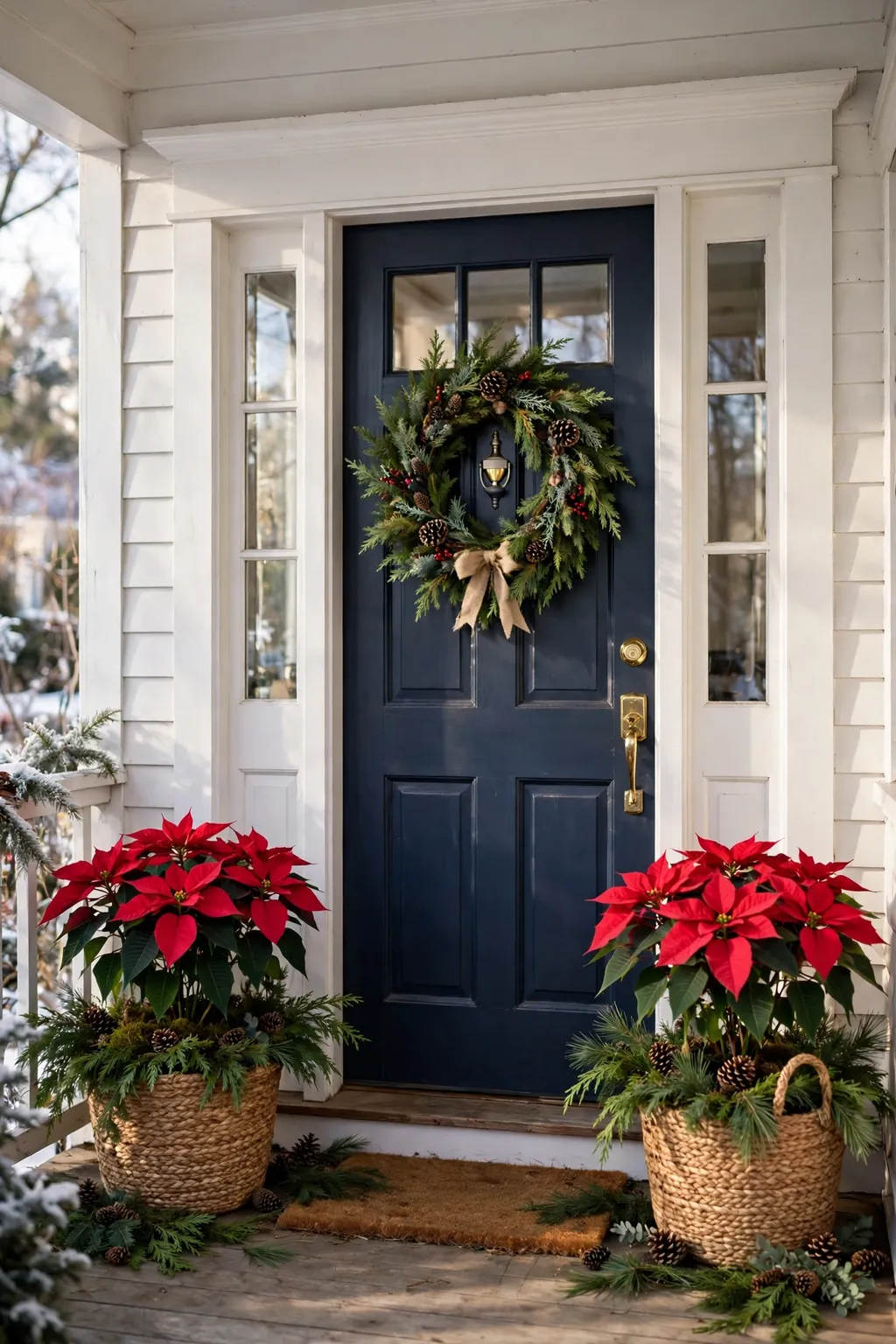 Red poinsettia plants in woven baskets either side of a front door at Christmas