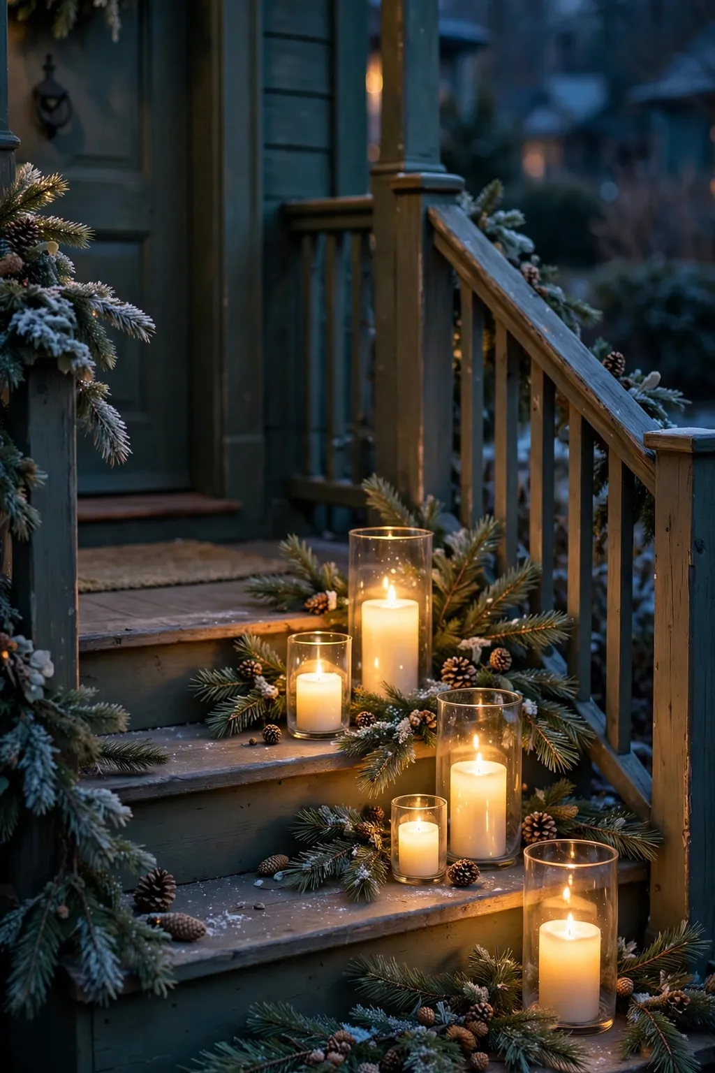 Glowing LED candles in glass hurricanes on porch steps with pine branches at Christmas dusk