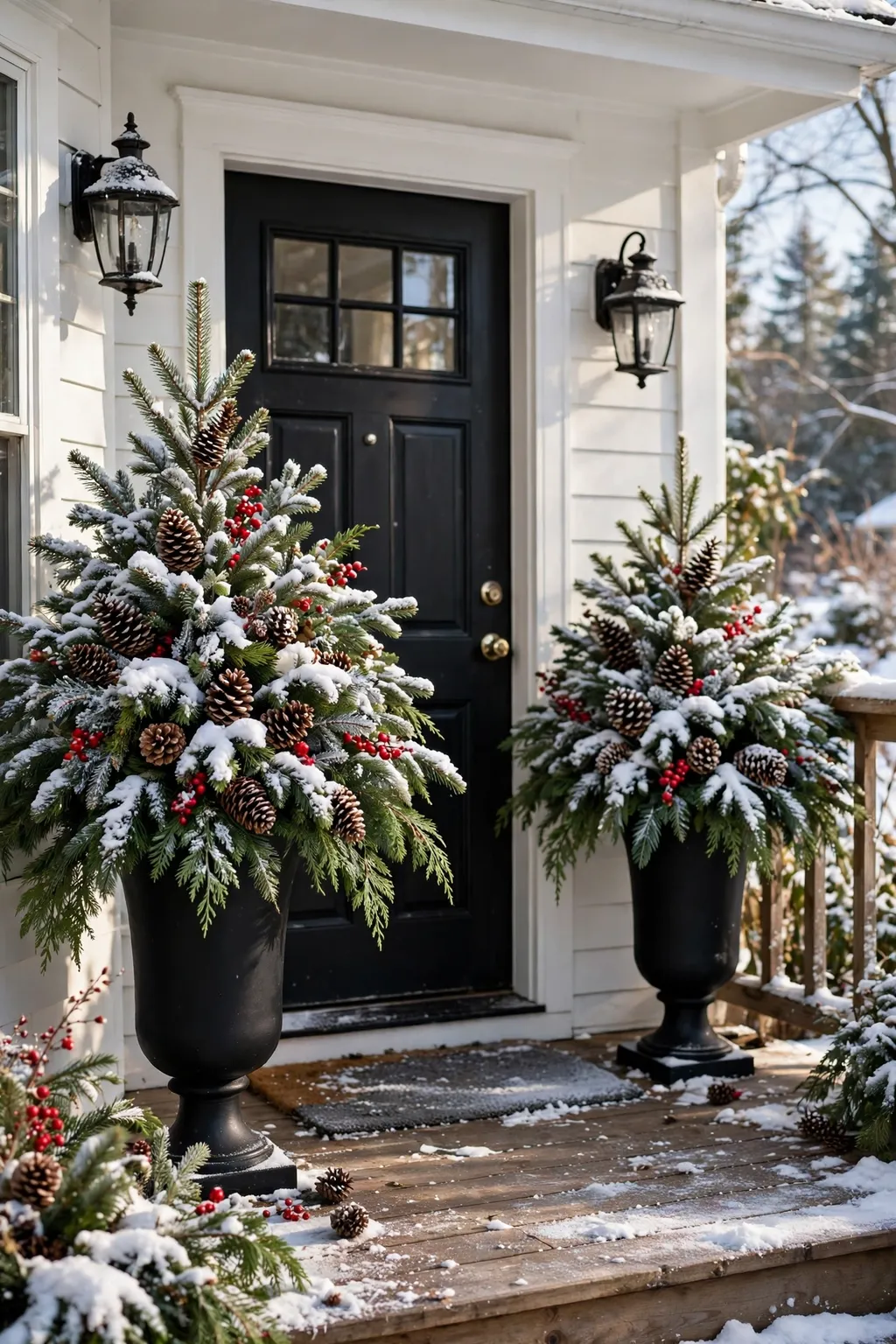 Tall black urns with snow-flocked evergreen branches, pinecones and red berries flanking a front door