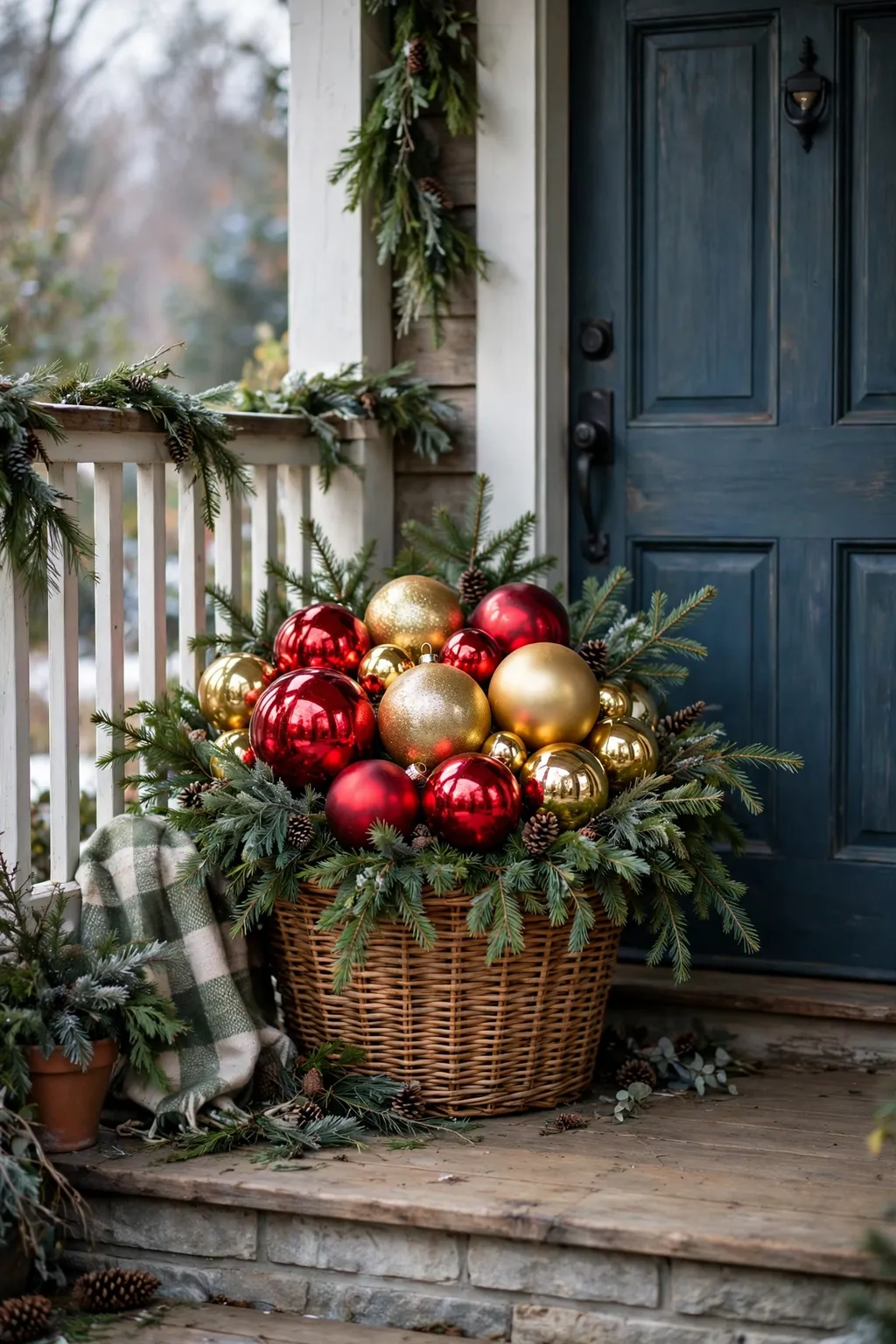 Woven basket filled with oversized red and gold Christmas ornaments and evergreen branches on a porch