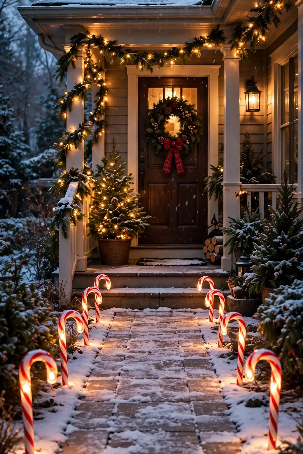 Glowing candy cane pathway lights lining a snowy front walk to a decorated Christmas porch