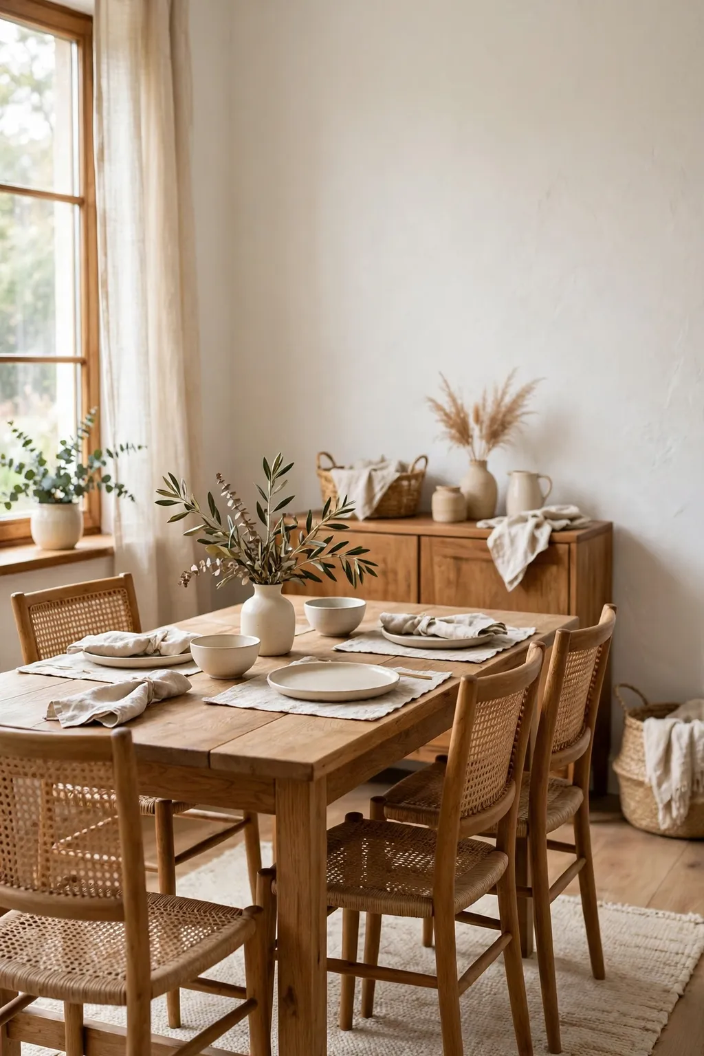 Cozy dining room with warm white walls, a wooden dining table and soft daylight