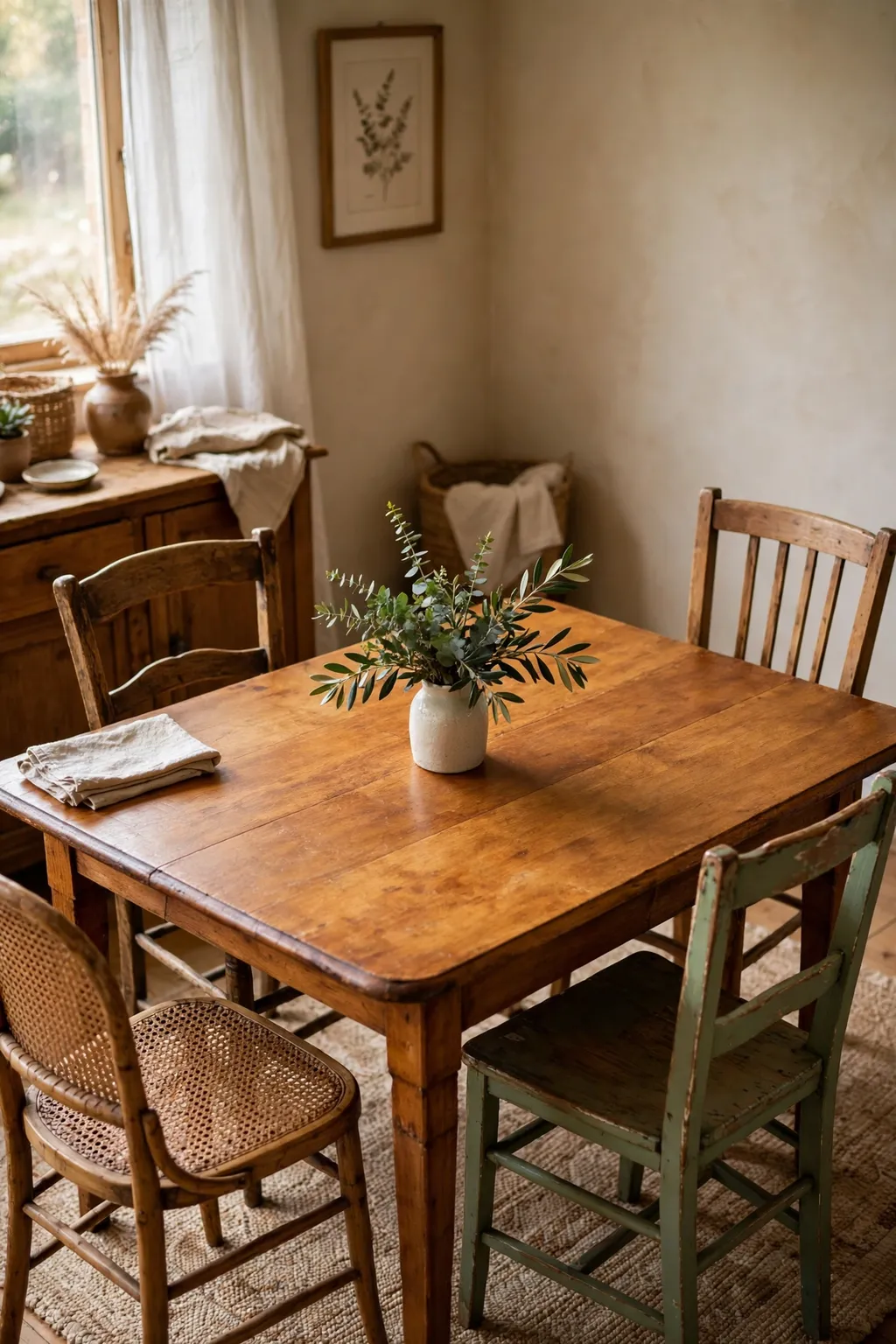 Refinished thrifted wooden dining table with a warm honey top and a small vase of greenery