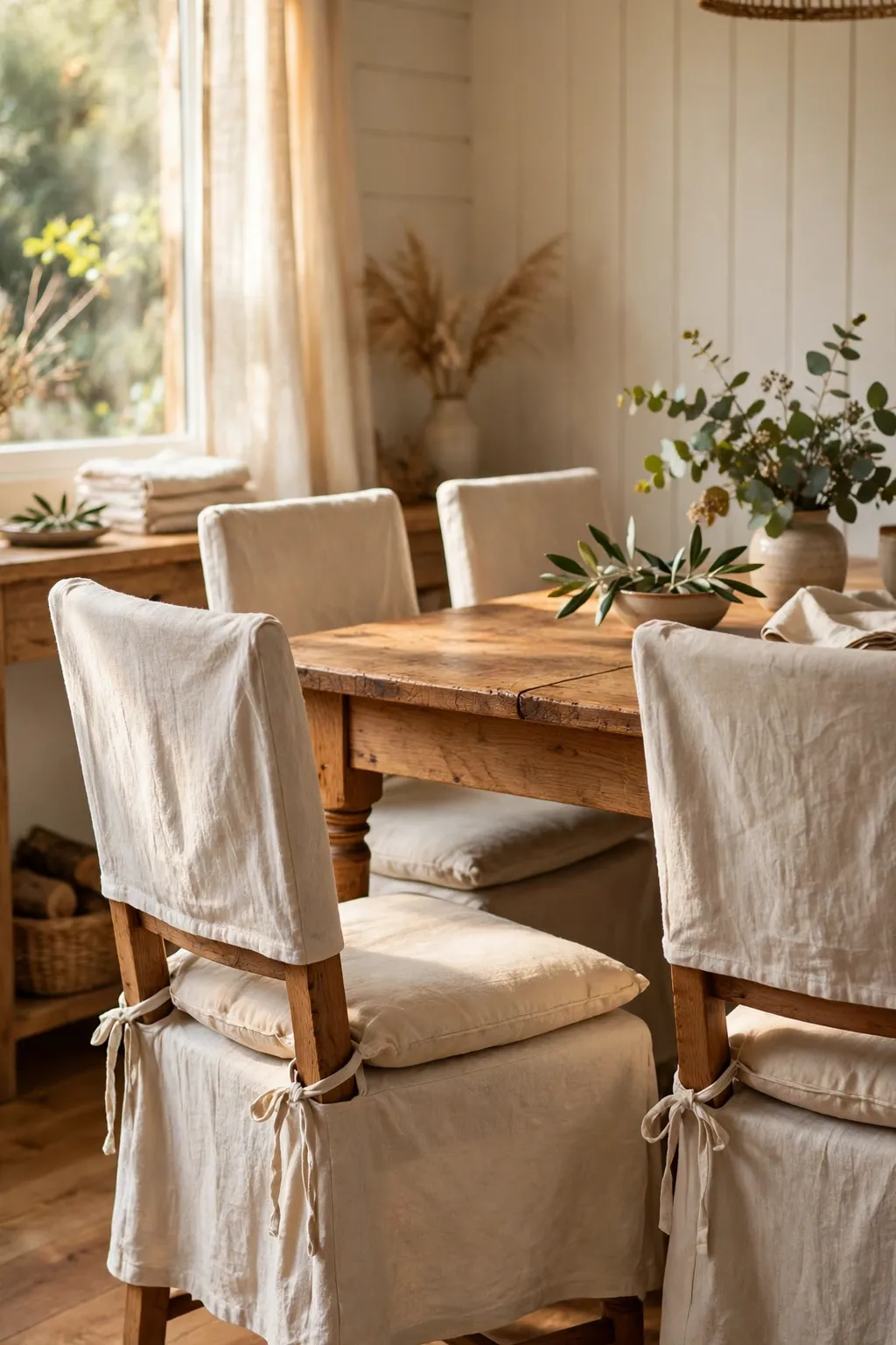 Wooden dining chairs with cream linen slipcovers and soft tie-on seat cushions