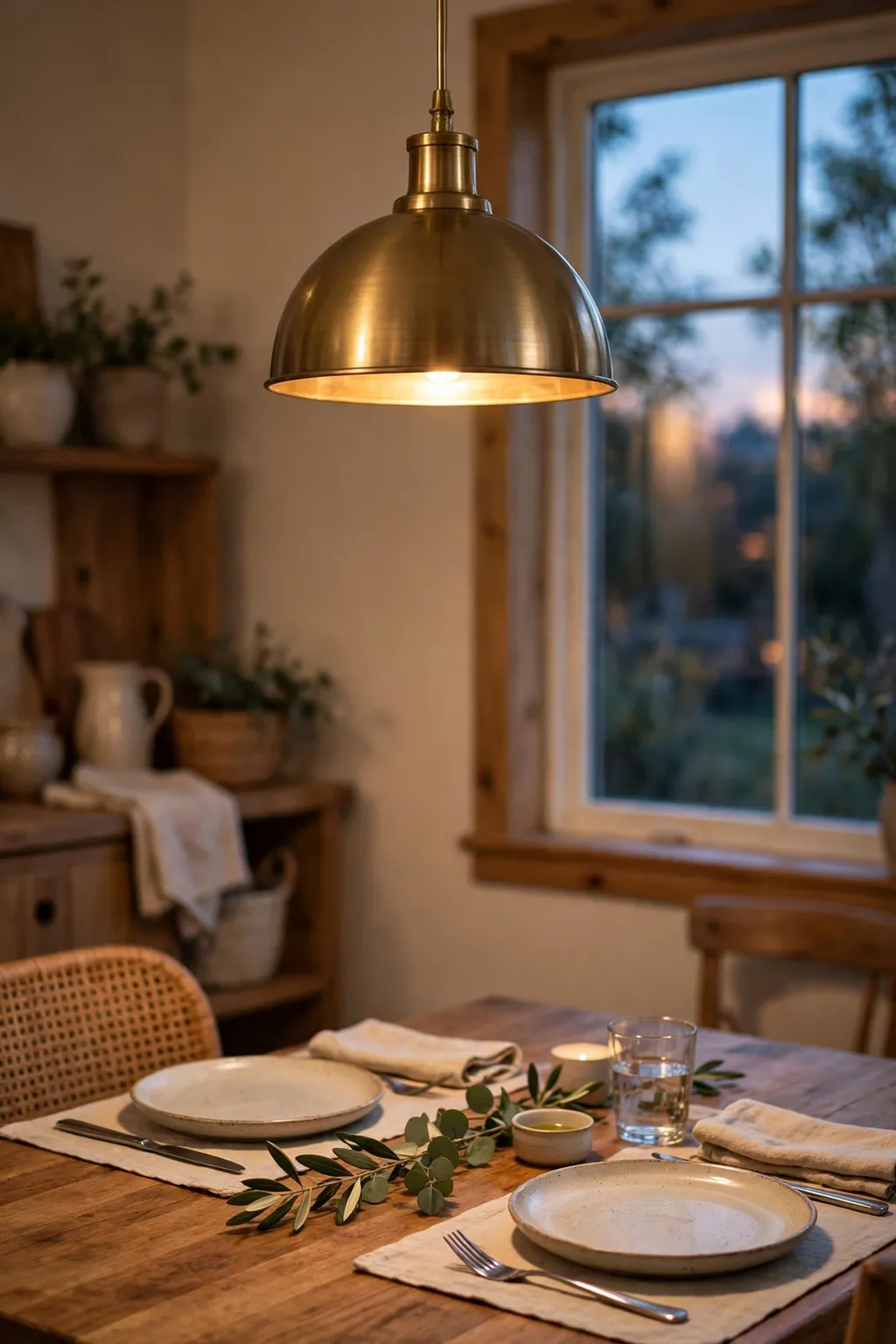 Warm brass pendant light hanging low over a wooden dining table set with simple plates