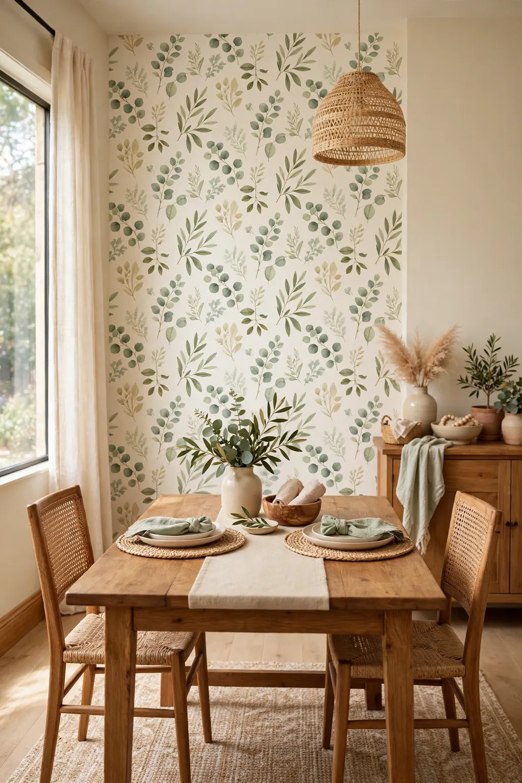 Dining room with a soft botanical peel-and-stick wallpaper accent wall behind a wooden table