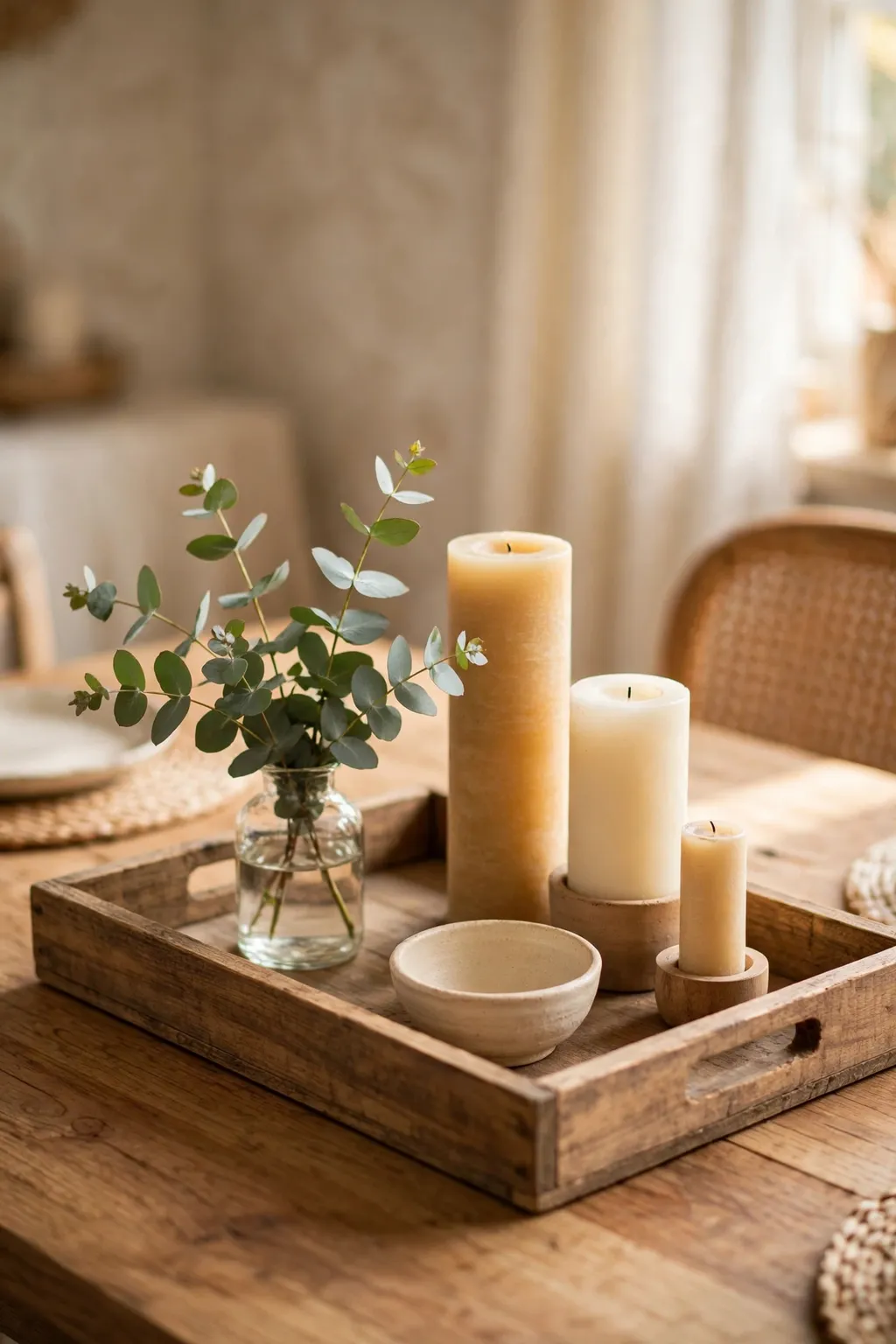 Wooden tray centerpiece with candles, a vase of eucalyptus and a small bowl on a dining table