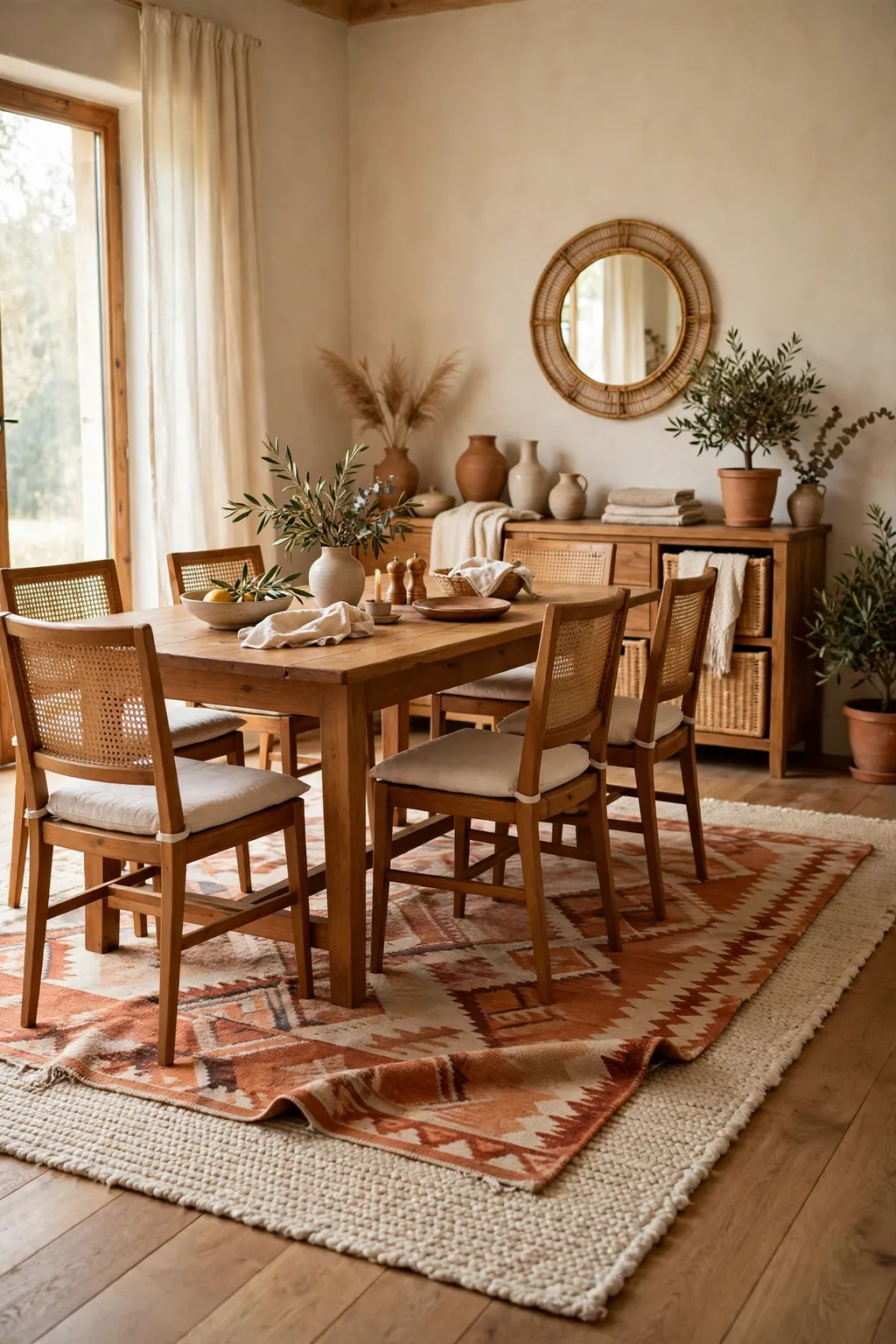 Large layered rug under a wooden dining table and chairs in a cozy dining room