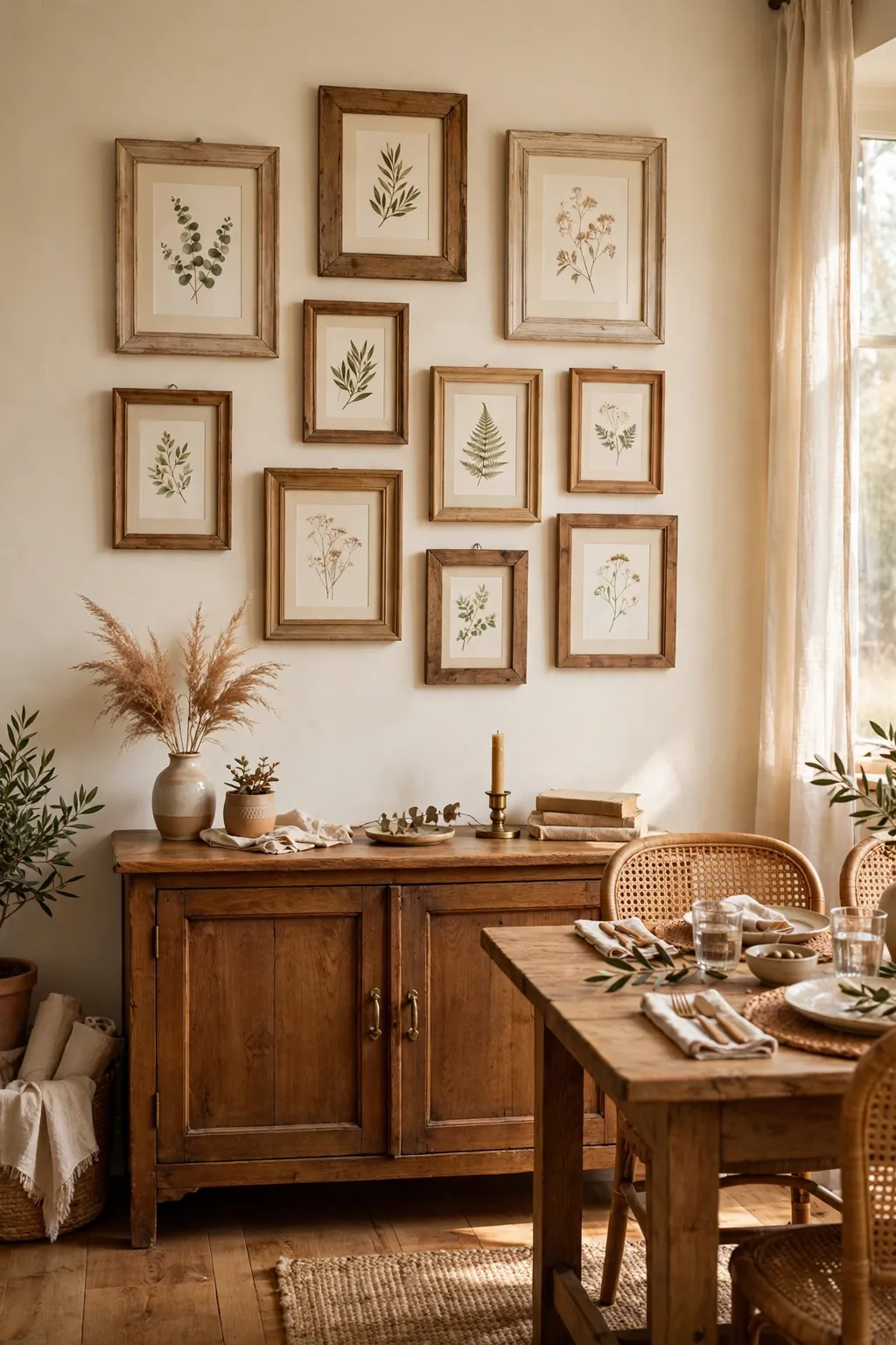 Gallery wall of mismatched thrifted wooden frames with botanical prints above a sideboard