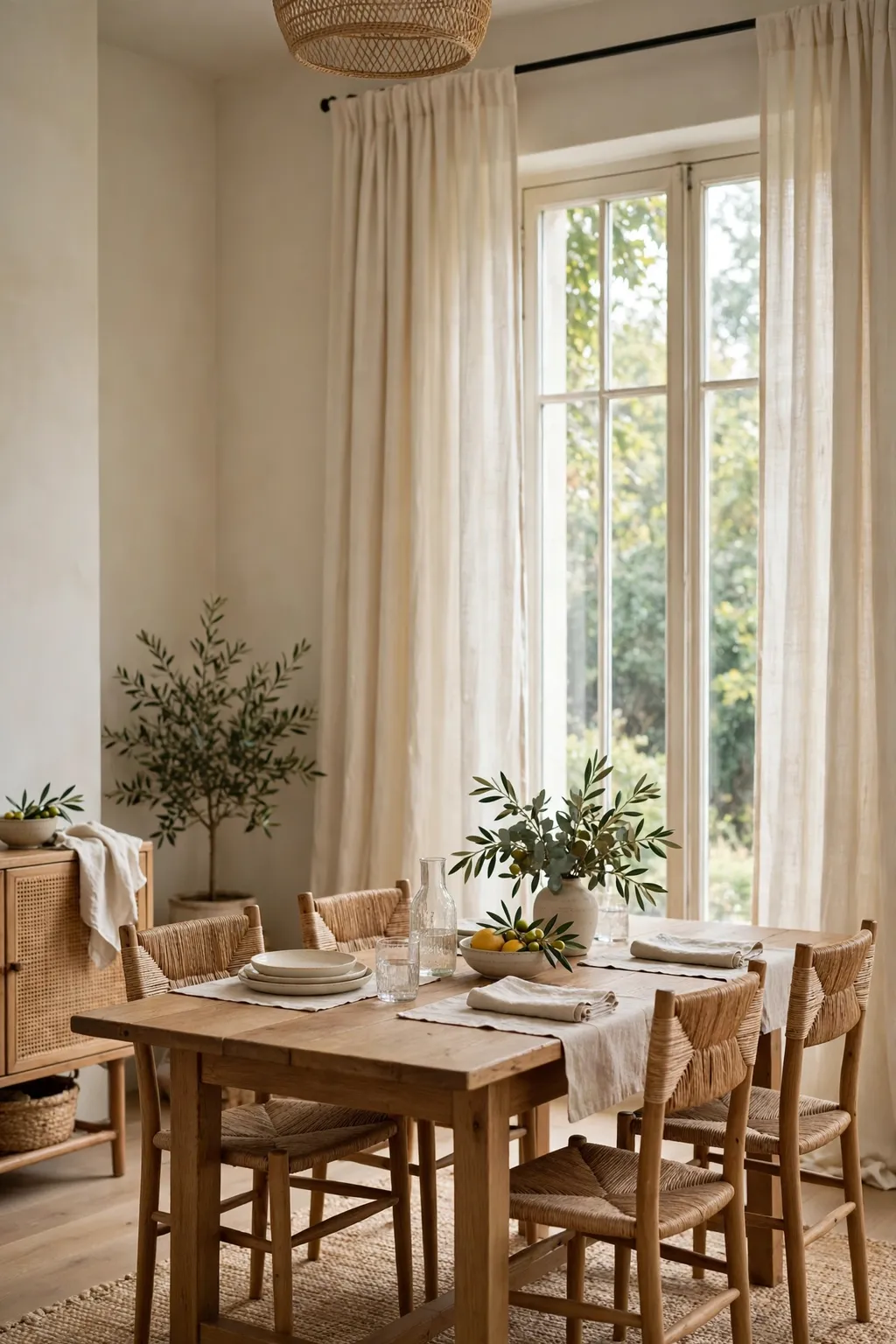 Long cream linen curtains hung high beside a window in a cozy dining room