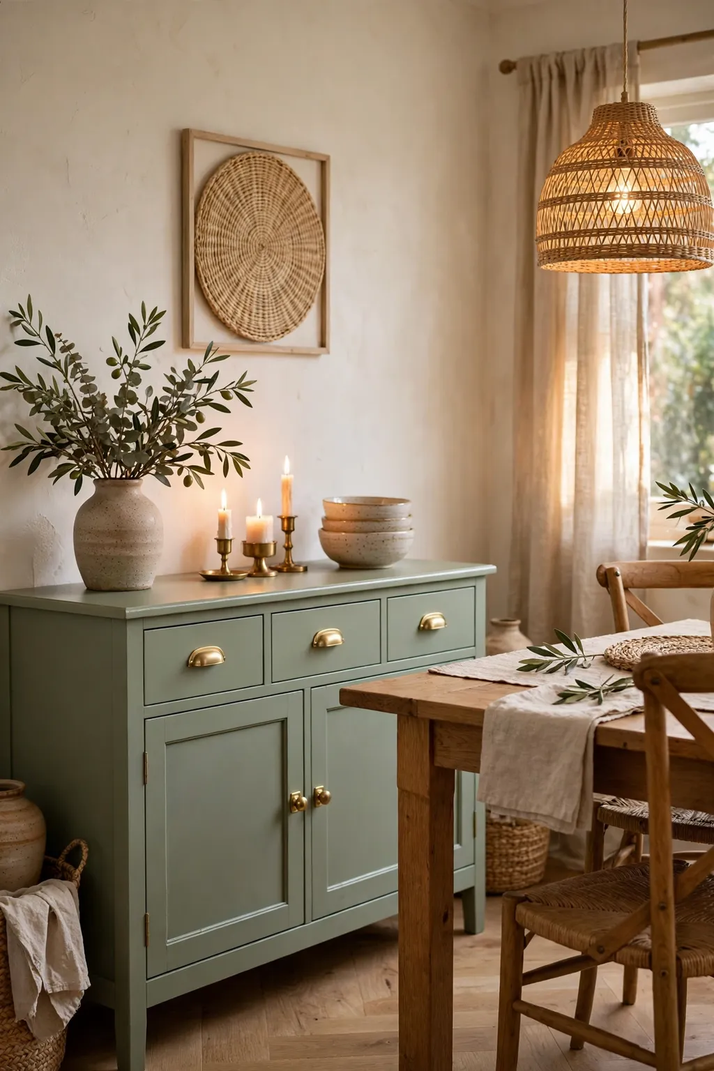 Sideboard painted soft sage green with brass handles, styled with a vase and candles