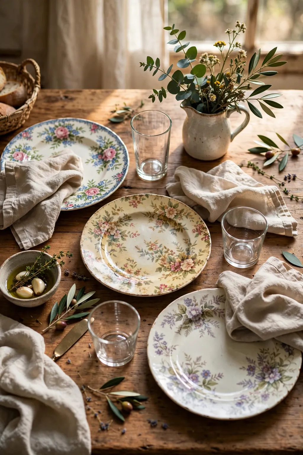 Dining table set with mismatched vintage floral plates, linen napkins and simple glassware