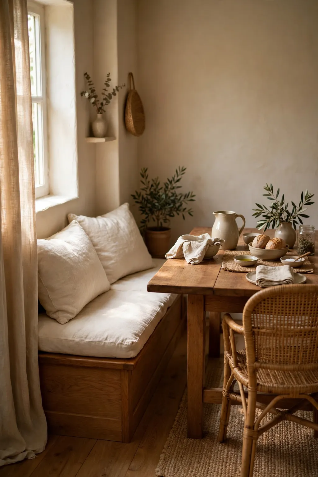 Wooden bench seat with cream cushions beside a wooden dining table in a small dining room