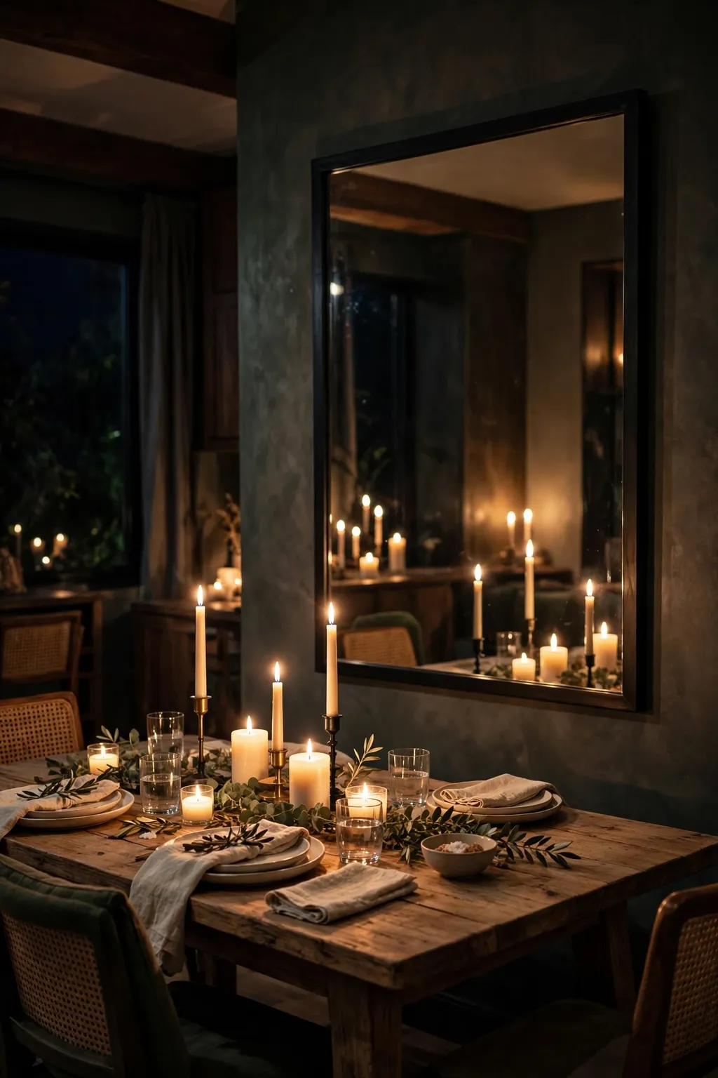 Dining room at night with a large mirror reflecting warm candlelight on a wooden table