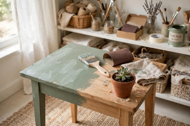 DIY painted side table makeover in sage green