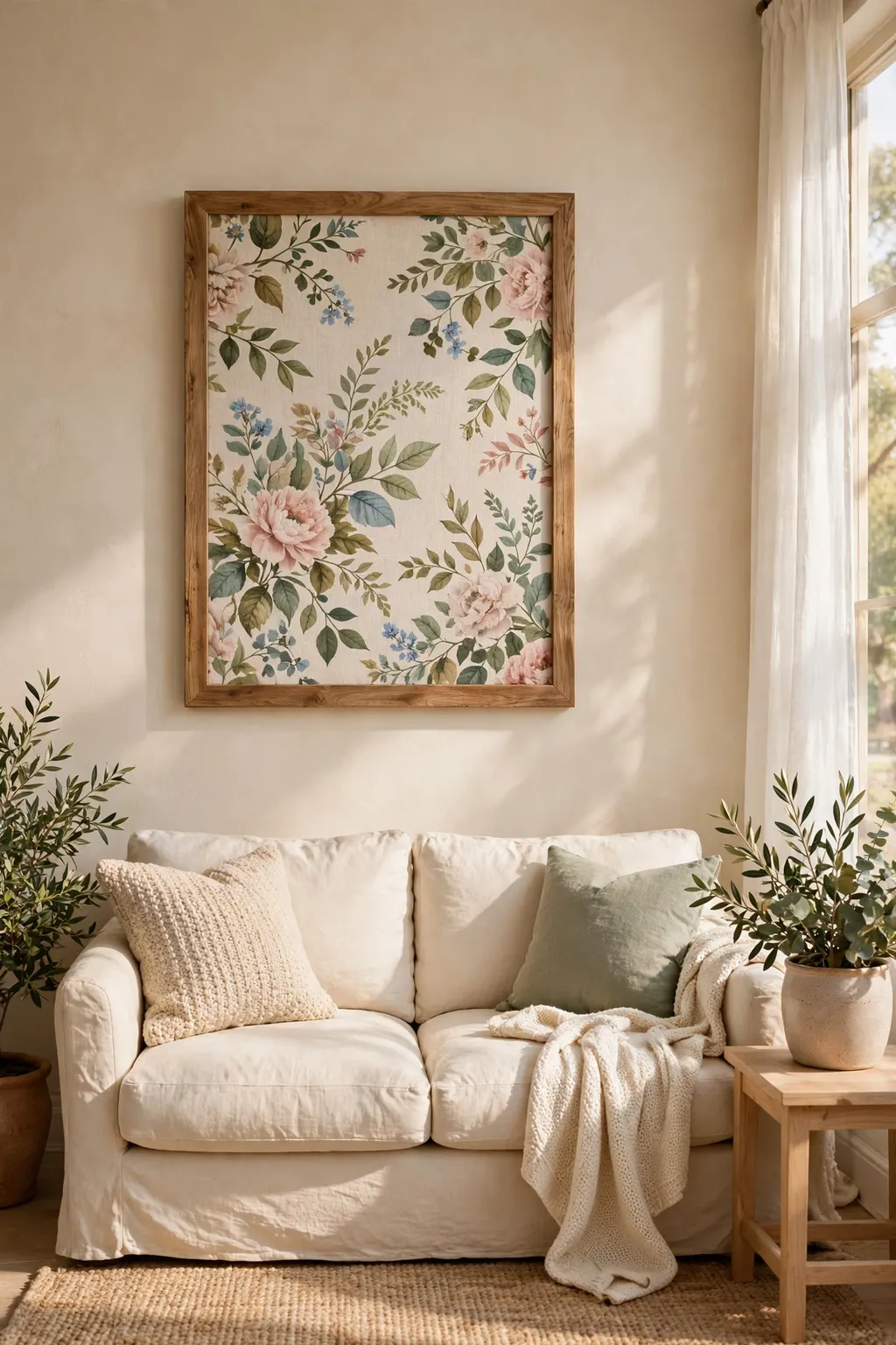 Framed fabric wall art in a cozy living room, floral fabric in a wooden frame above a sofa