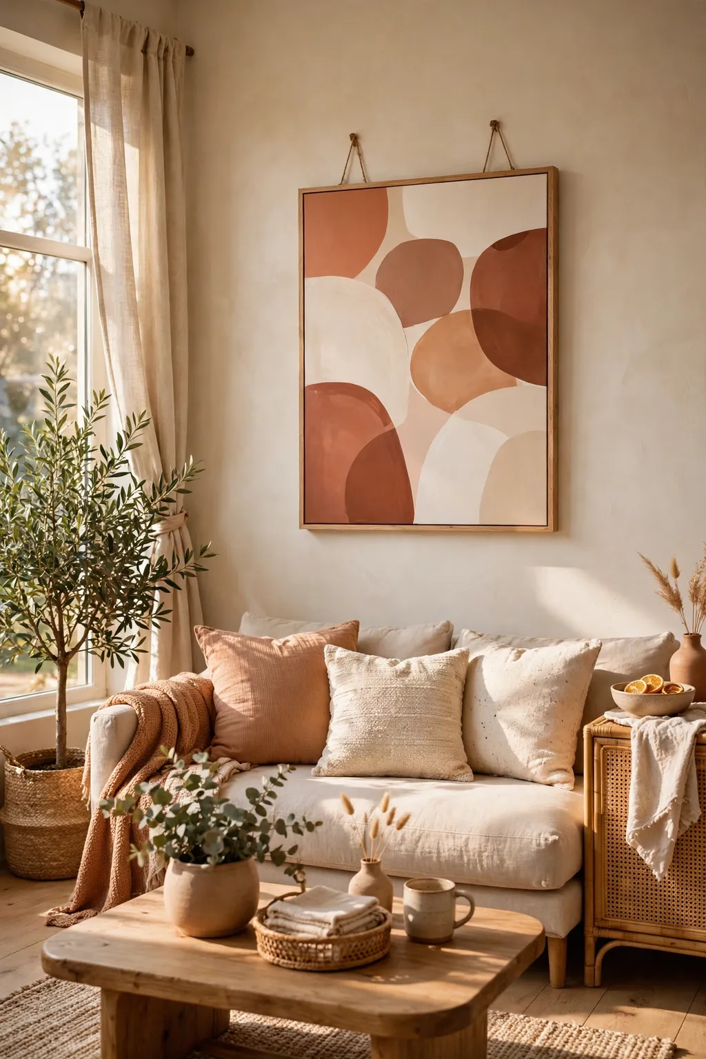 DIY abstract canvas painting with soft terracotta and cream shapes hanging above a sofa