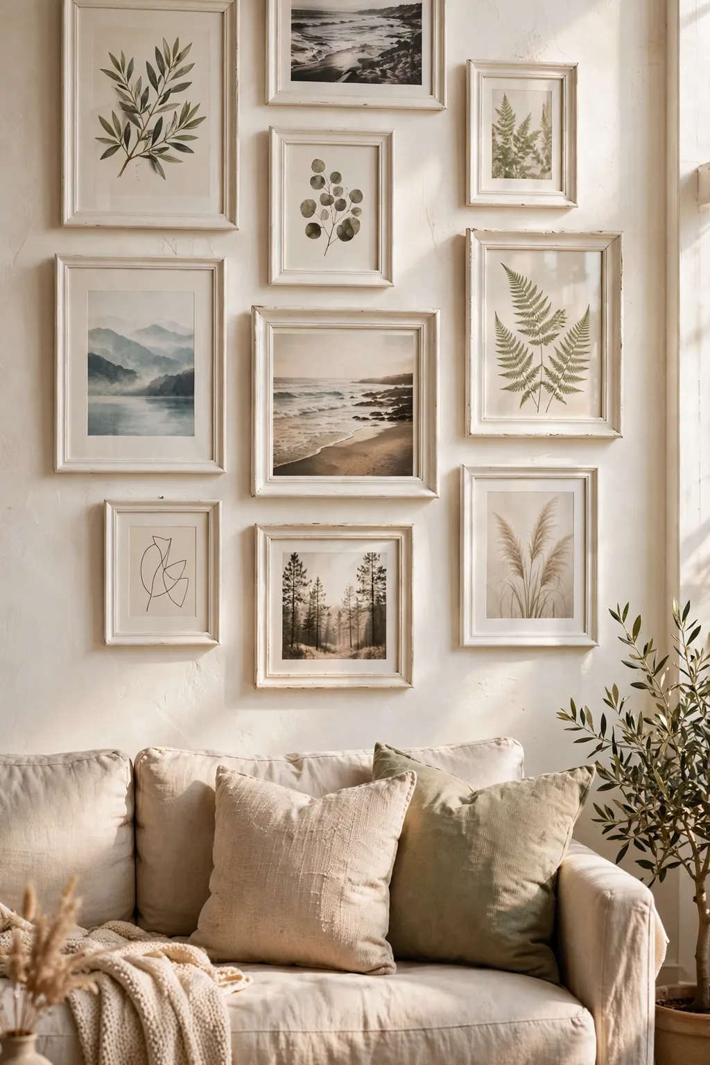 Gallery wall of mismatched thrifted picture frames in warm white above a living room sofa