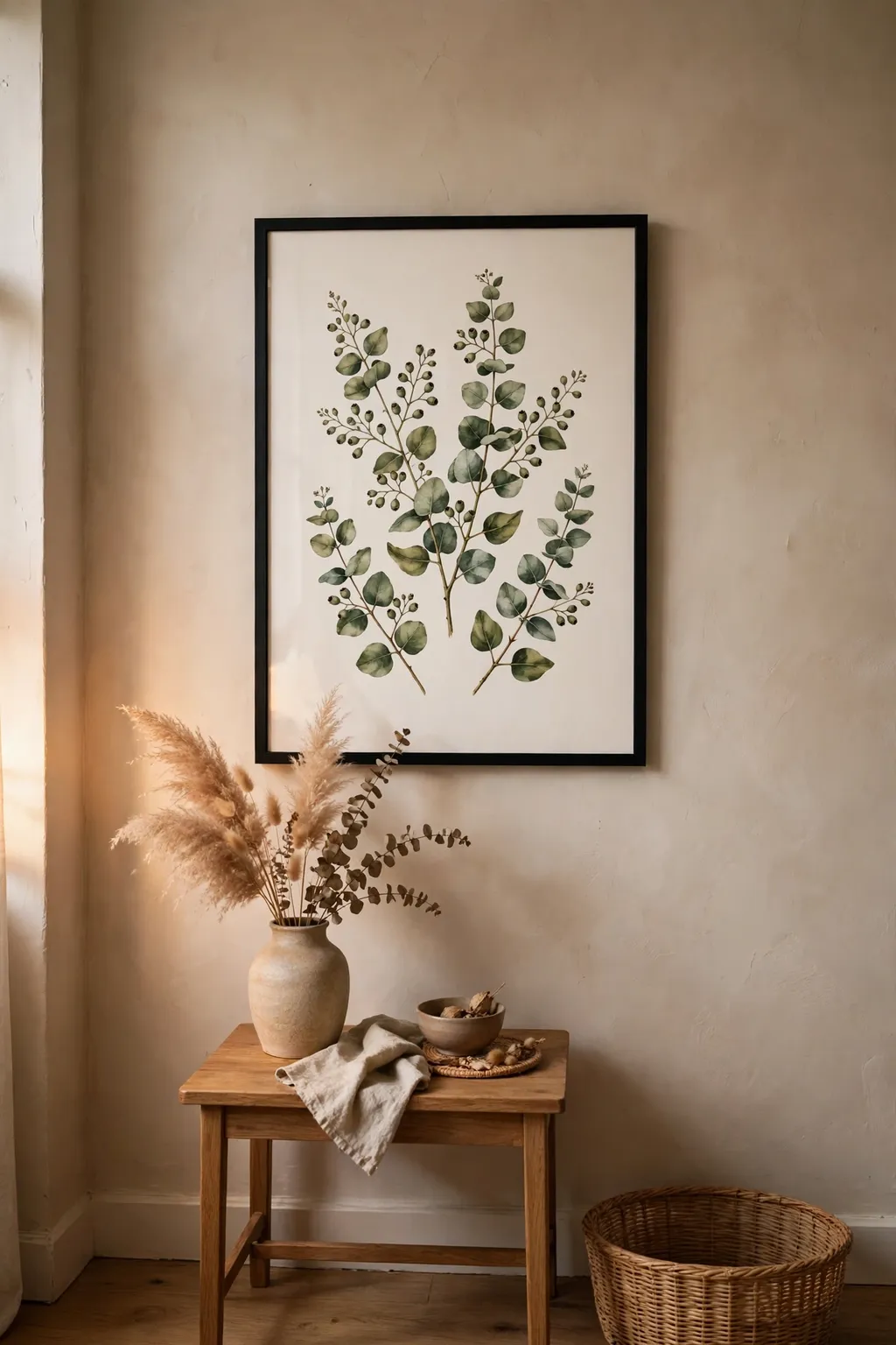 Framed printable botanical art print in a simple black frame on a cozy living room wall