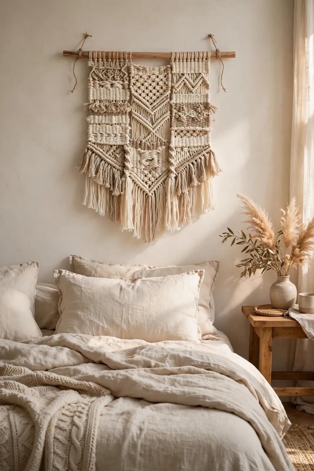 Handmade woven yarn wall hanging in cream and beige tones above a cozy bed