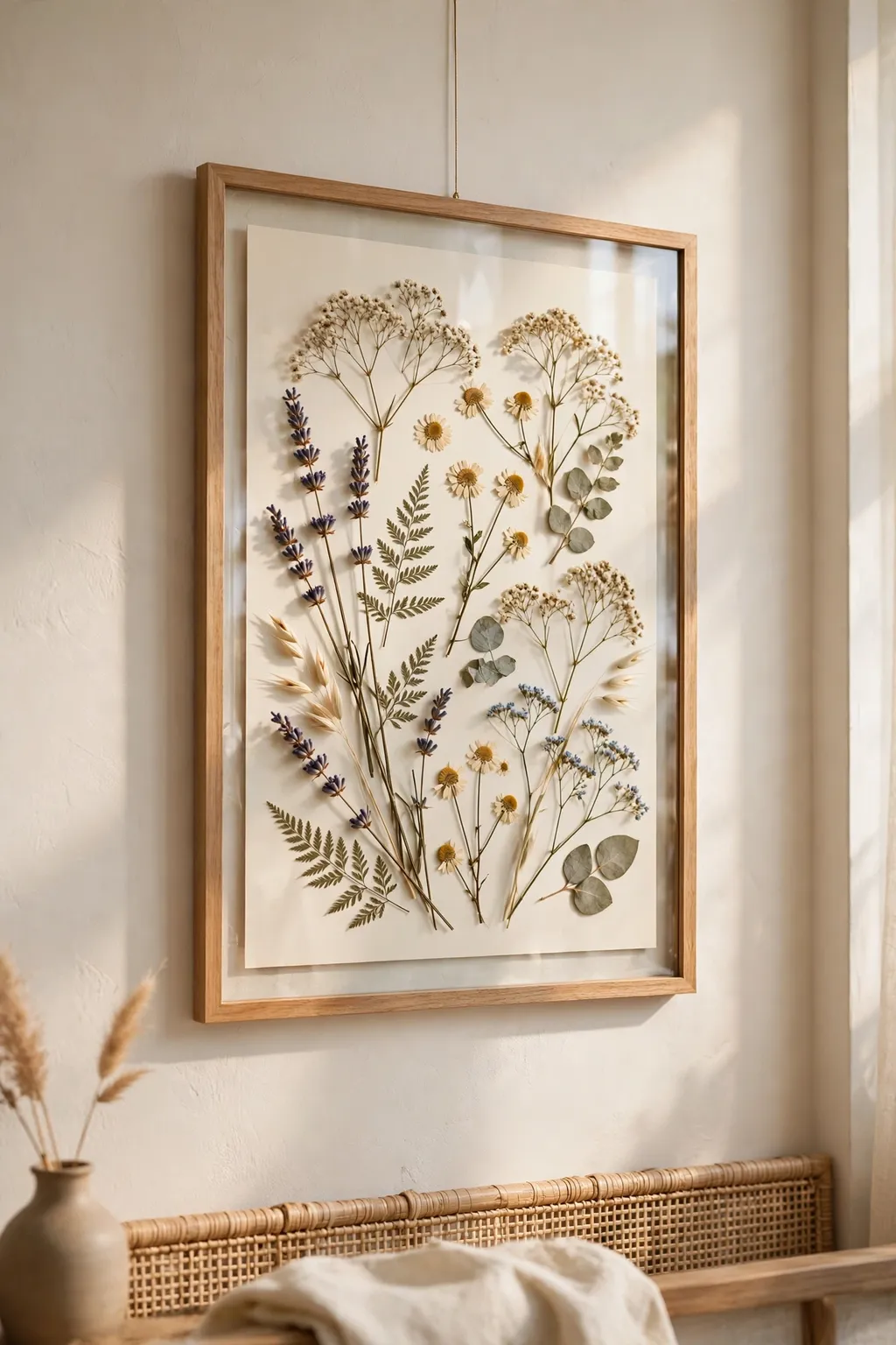 Framed pressed flowers arranged as botanical wall art on a light living room wall