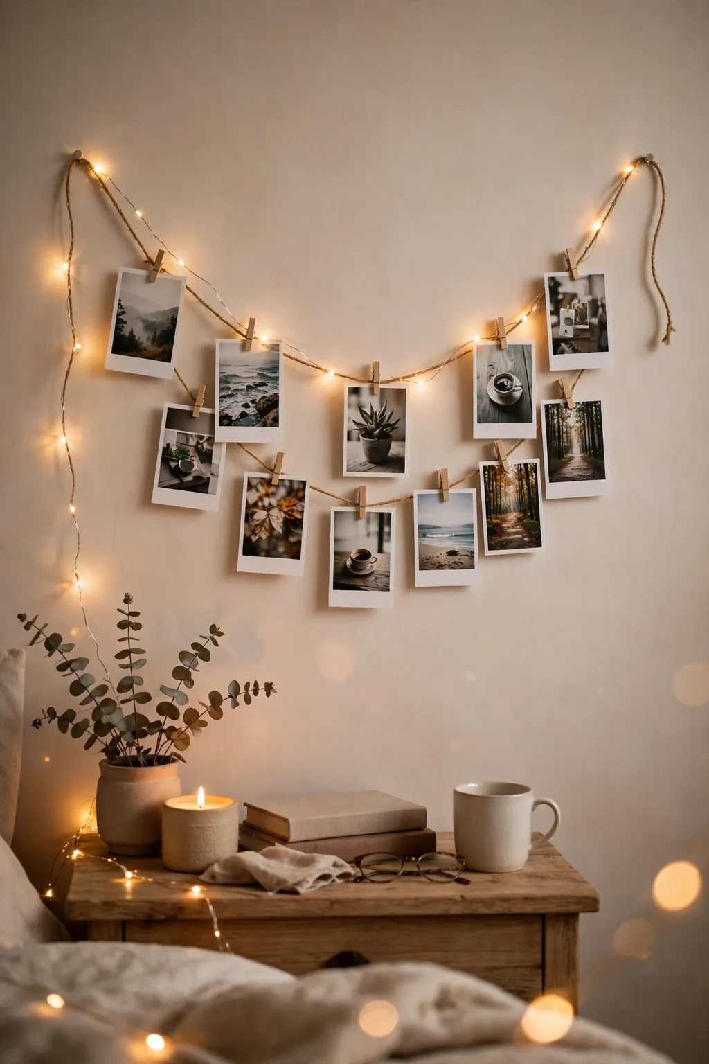Photo string display with small prints clipped to twine with wooden pegs on a bedroom wall