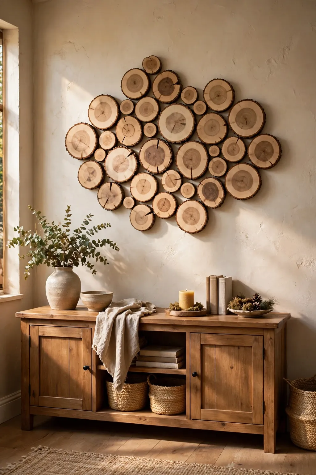 Rustic wall art made from arranged wood slices in a cluster above a wooden sideboard