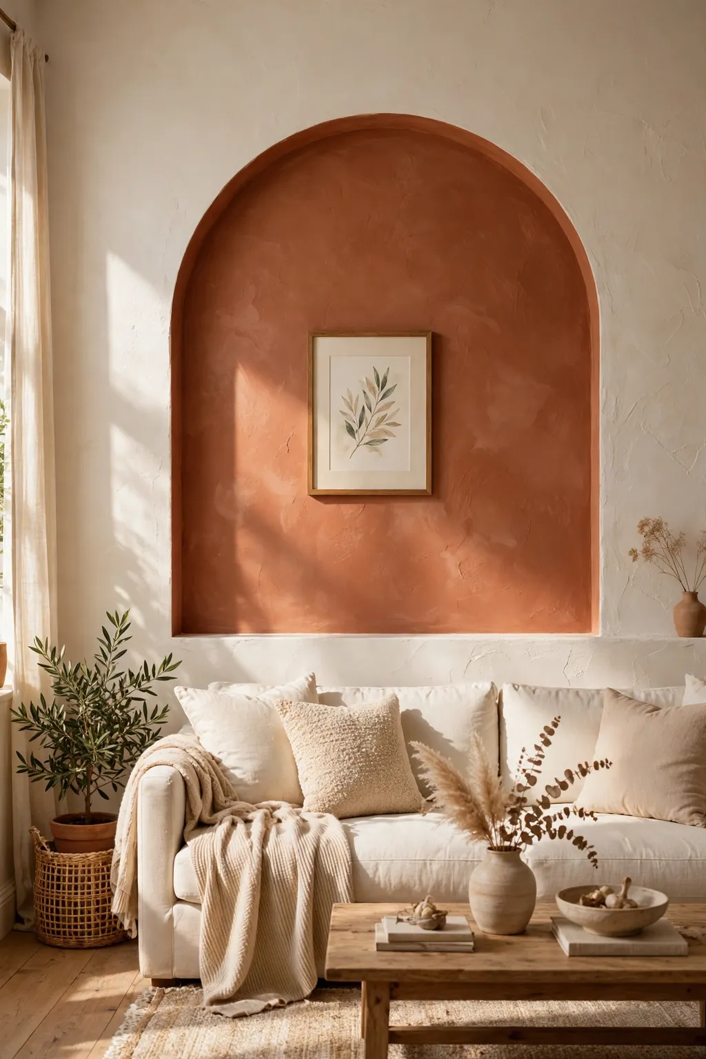 Painted terracotta arch on a living room wall framing a small piece of framed wall art