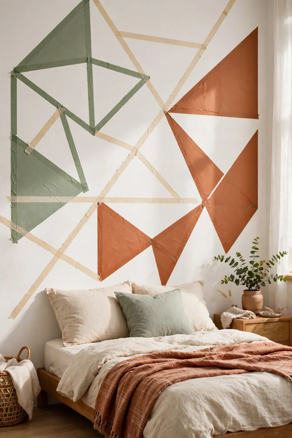 Geometric washi tape wall art in soft colours forming shapes on a white bedroom wall